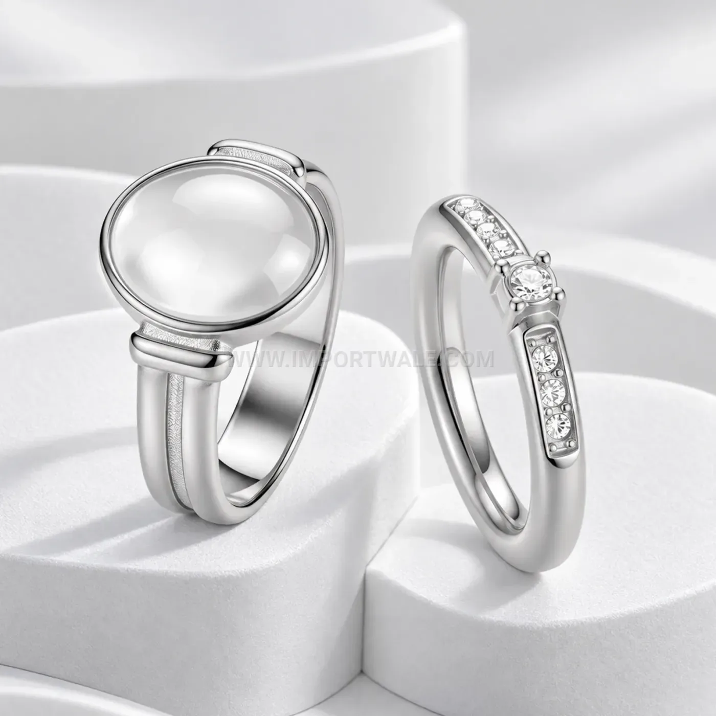 Stainless Steel Oval Mother of Pearl Vintage Style Ring Set