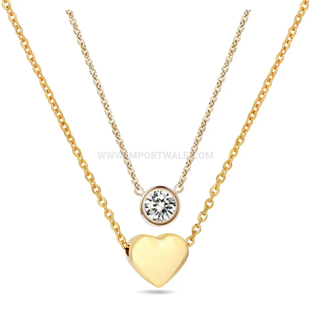Layered Stainless Steel Beaded Chain Heart Pendant Rhinestone Necklace