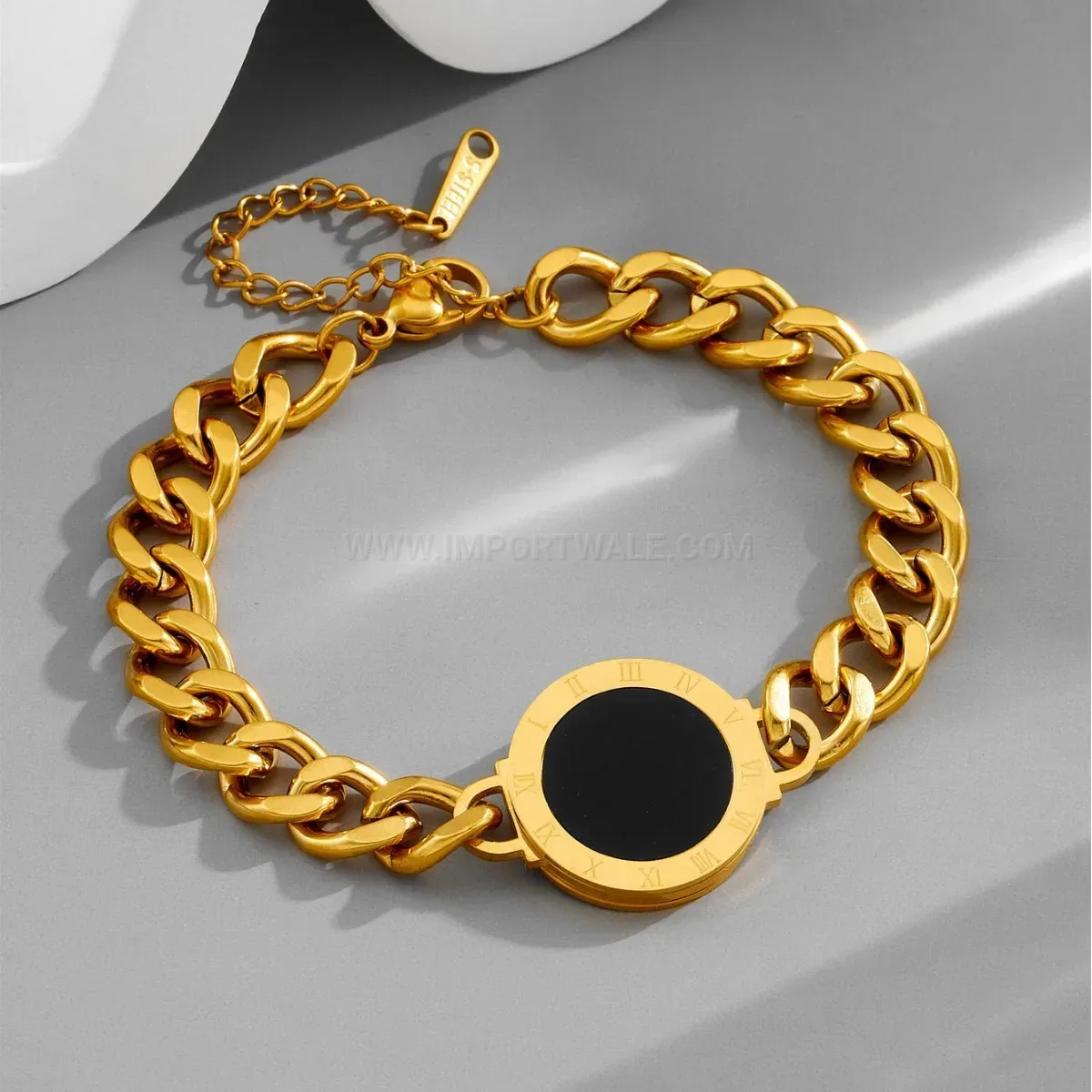 Bold Rhinestone Roman Numeral Titanium Steel Bangle Bracelet
