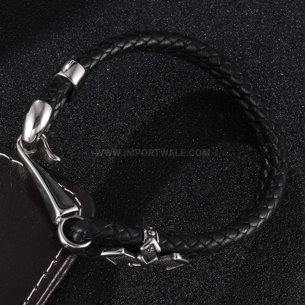 Nautical Fish Hook Woven Leather Bracelet with Stainless Steel Hardware