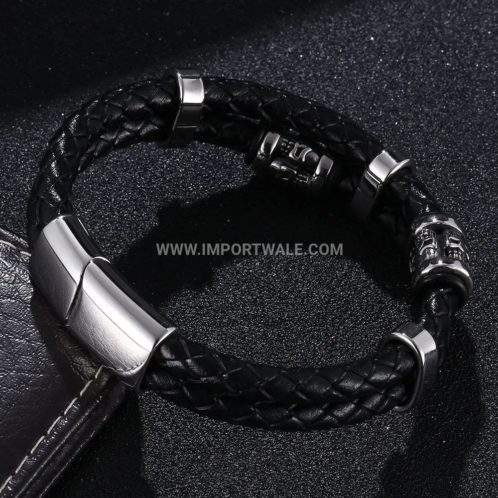 Dual Strand Leather Wrap Bracelet with Stainless Steel Magnetic Closure