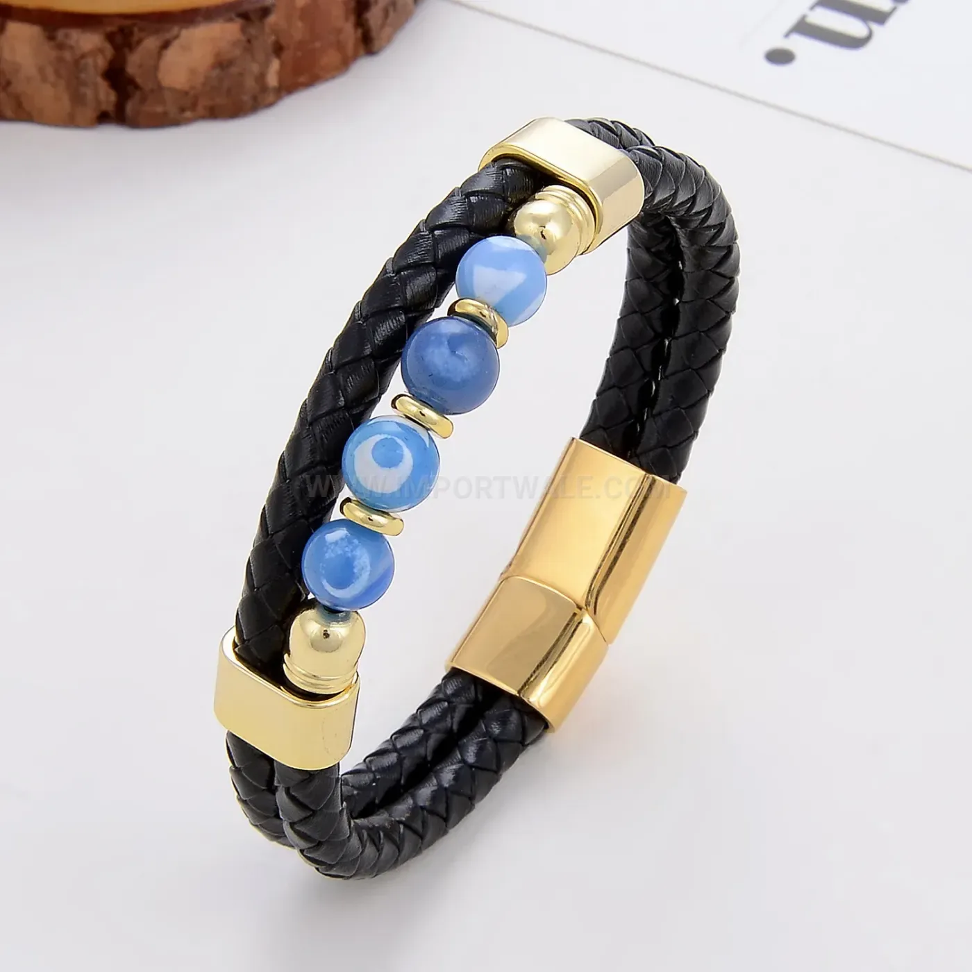 Handcrafted Braided Leather Wristband with Stainless Steel Magnetic Closure