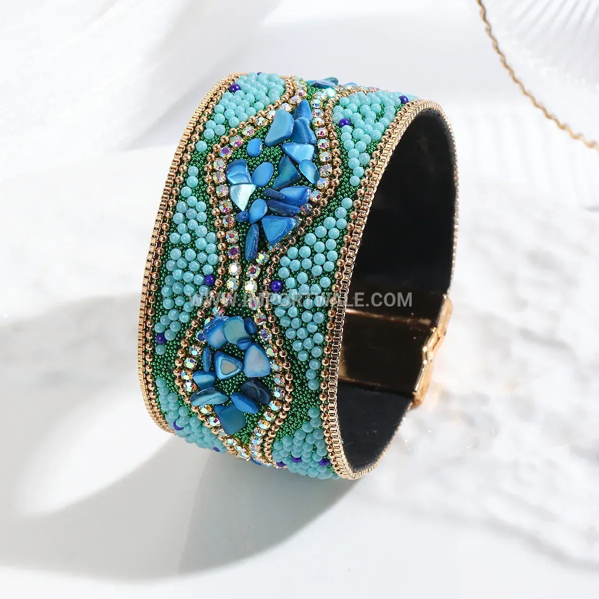Bohemian Leather Gemstone Wrap Cuff with Stainless Steel Clasp