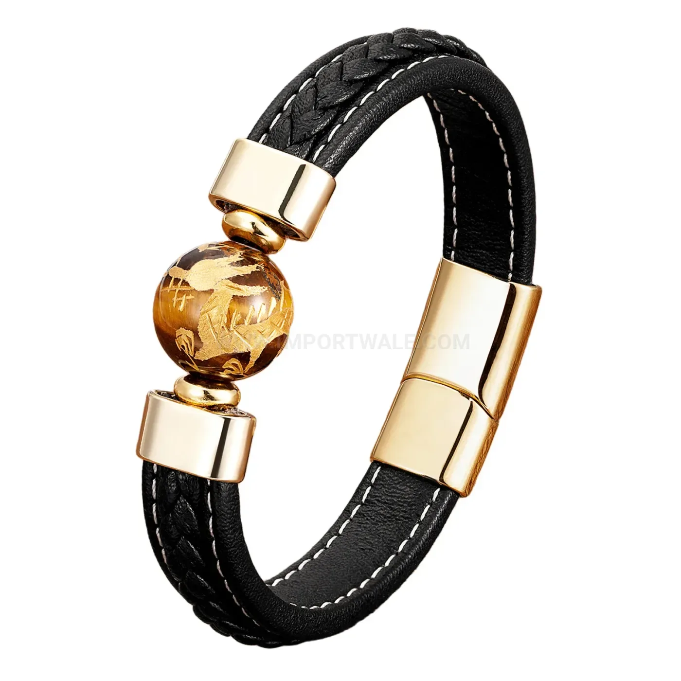 Braided Leather Dragon Pattern Stone Bracelet with Stainless Steel Clasp
