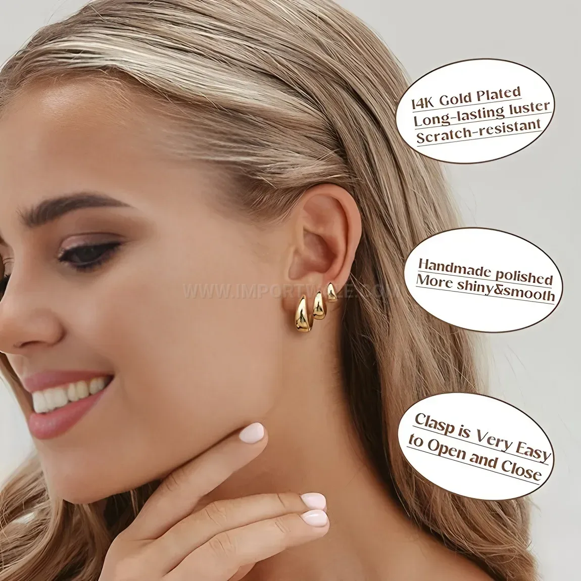Bold Teardrop Gold Plated Stainless Steel Hoop Earrings Set