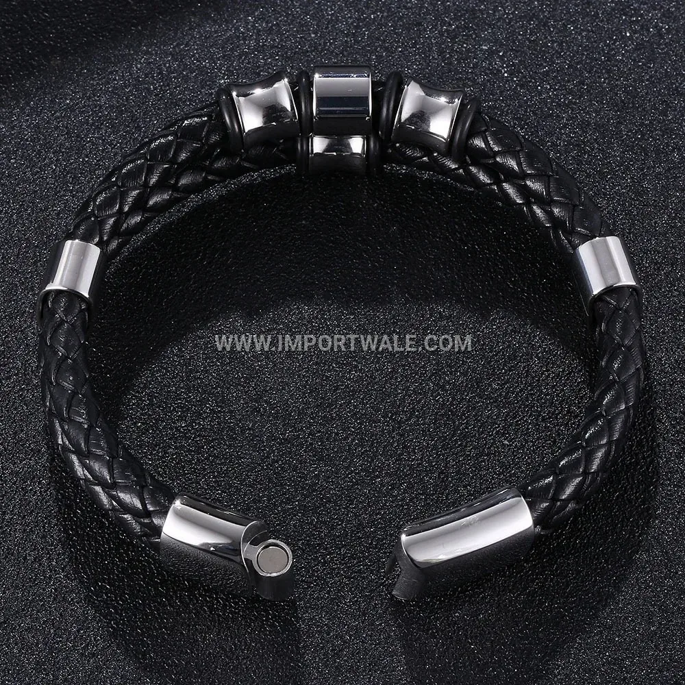 Multi-Layer Woven Leather Bracelet with Stainless Steel Accents