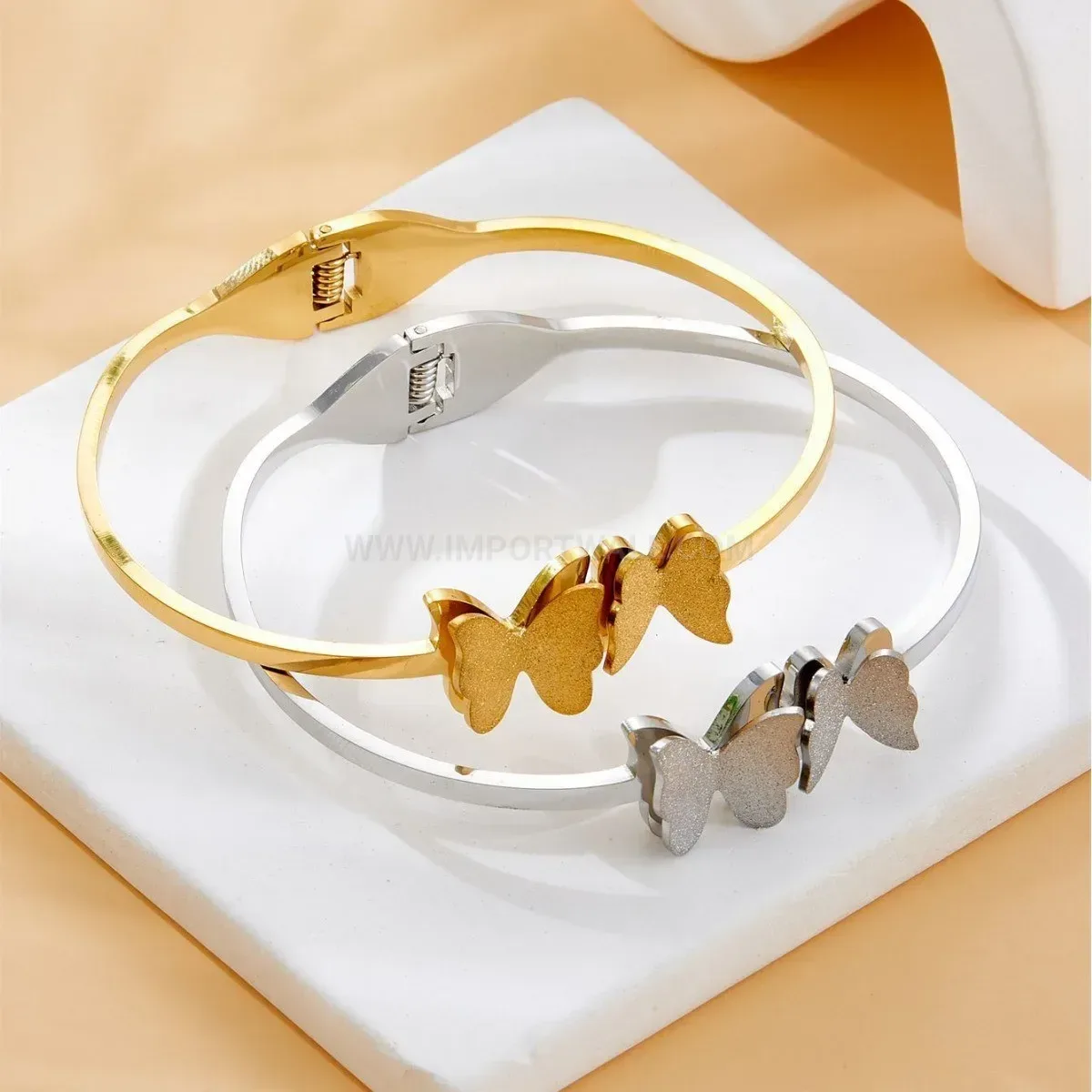 Premium 18K Gold Plated Double Butterfly Frosted Titanium Steel Bangle