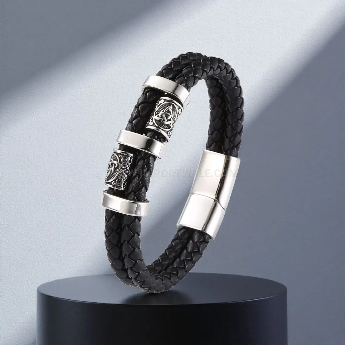 Textured Leather Cord Steel Wristband for Men