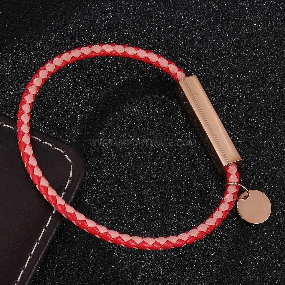 Braided Faux Leather Magnetic Clasp Bracelet in Rose Gold Stainless Steel