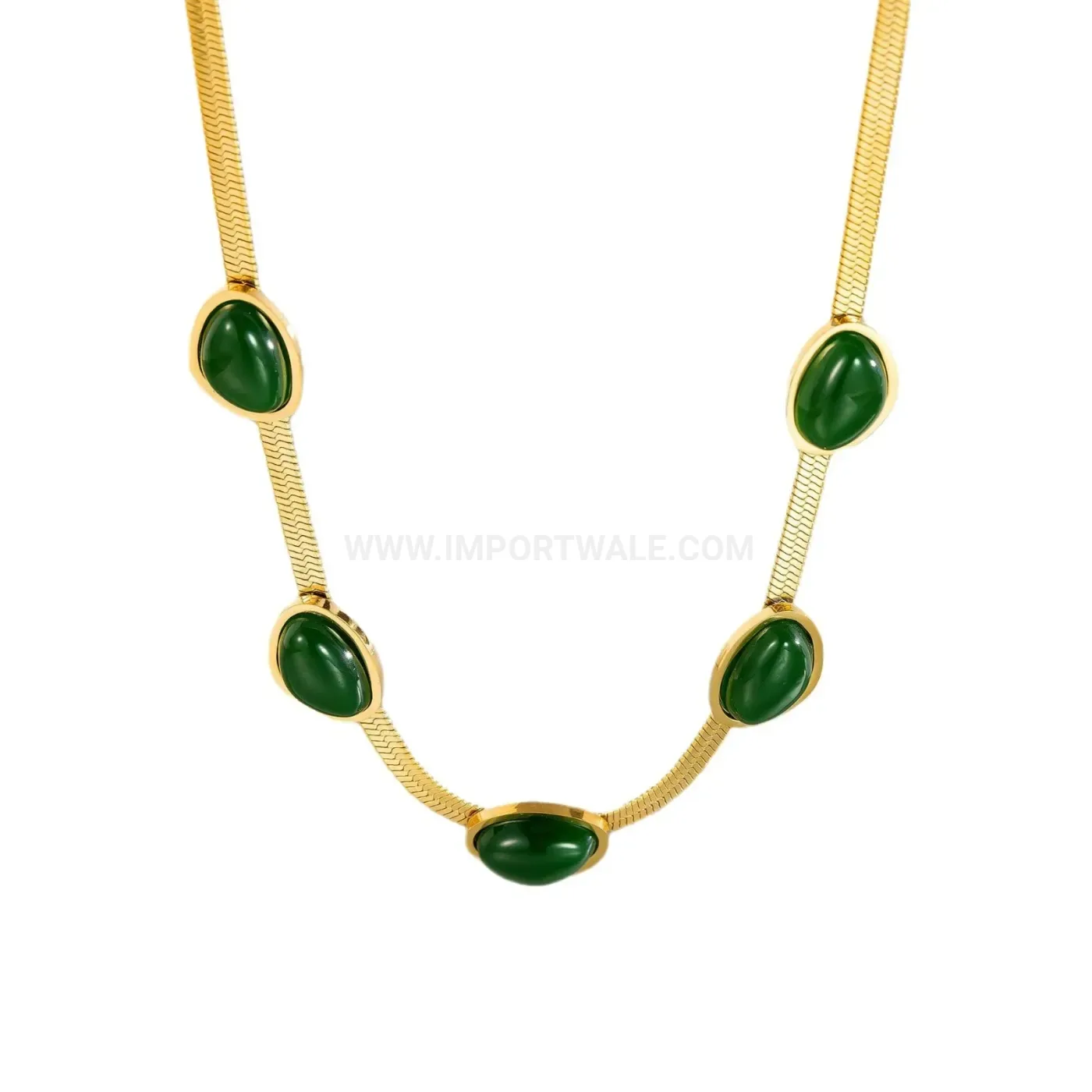 Chic Gold Plated Stainless Steel Emerald Green Oval Pendant Flat Blade Necklace