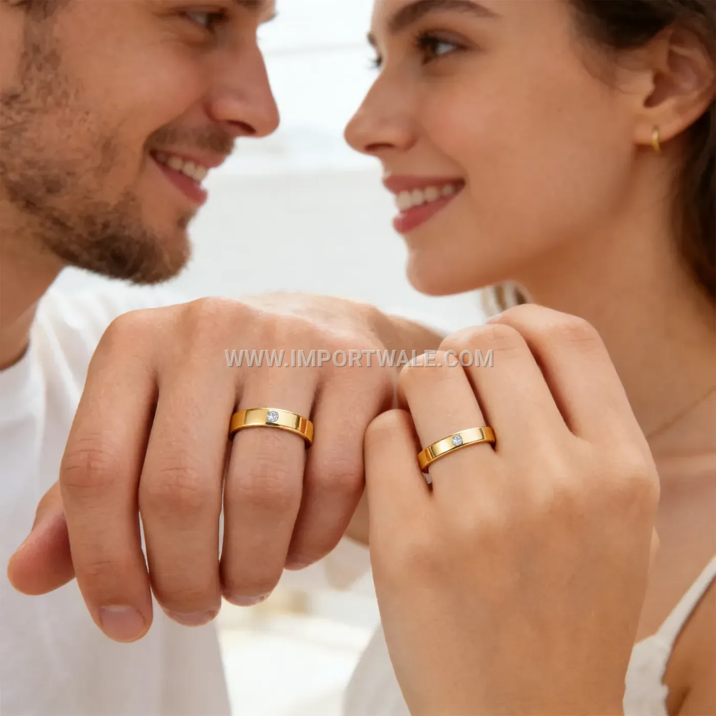Minimalist Rhinestone Accent Stainless Steel Couple Band