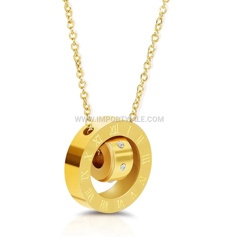 Roman Numeral Interlocking Double Ring Stainless Steel Pendant Necklace