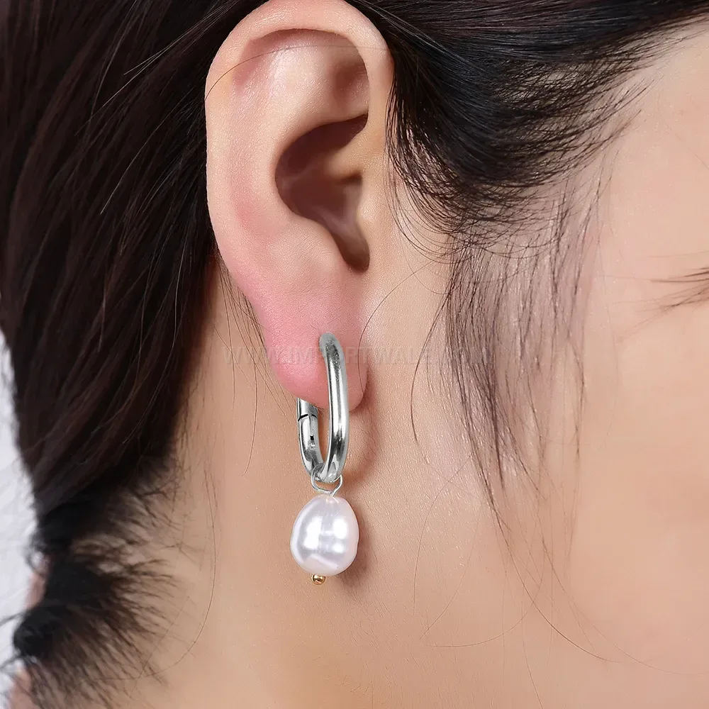 Trendy Faux Pearl U-Shaped Stainless Steel Huggie Earrings