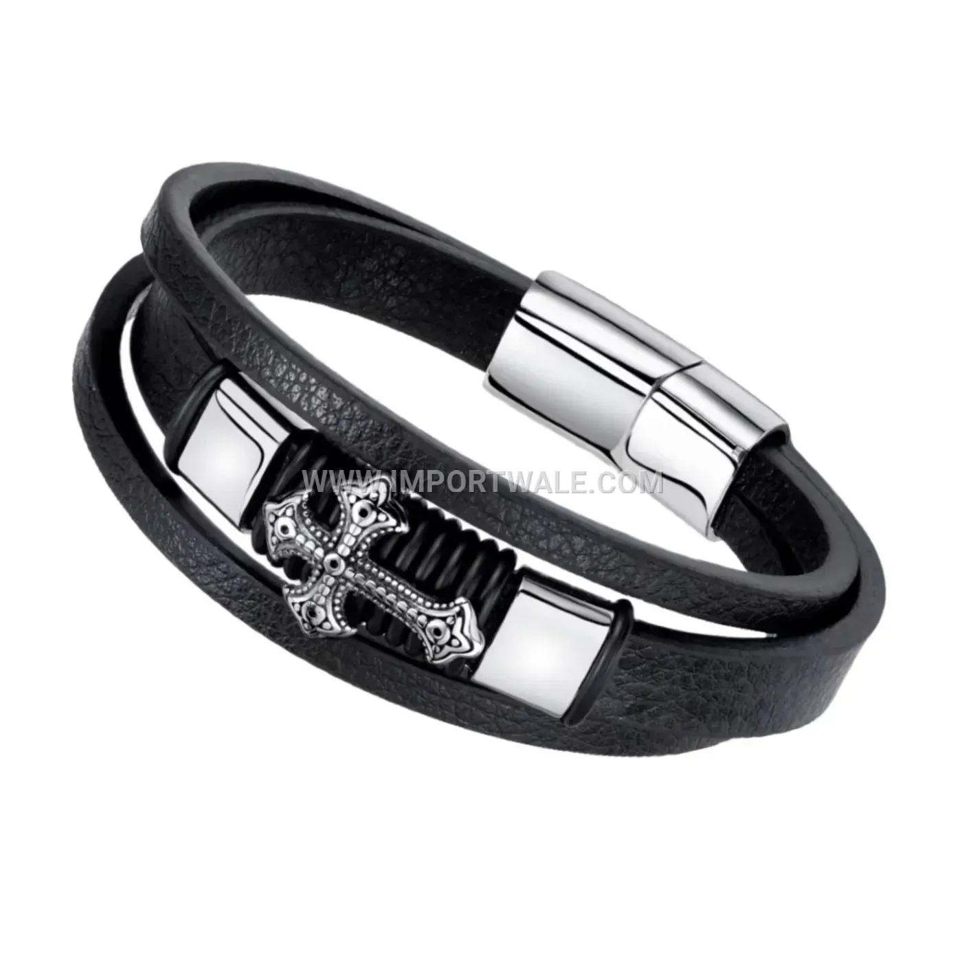 Men's Cross Charm Multi-Layer Leather Bracelet with Magnetic Clasp