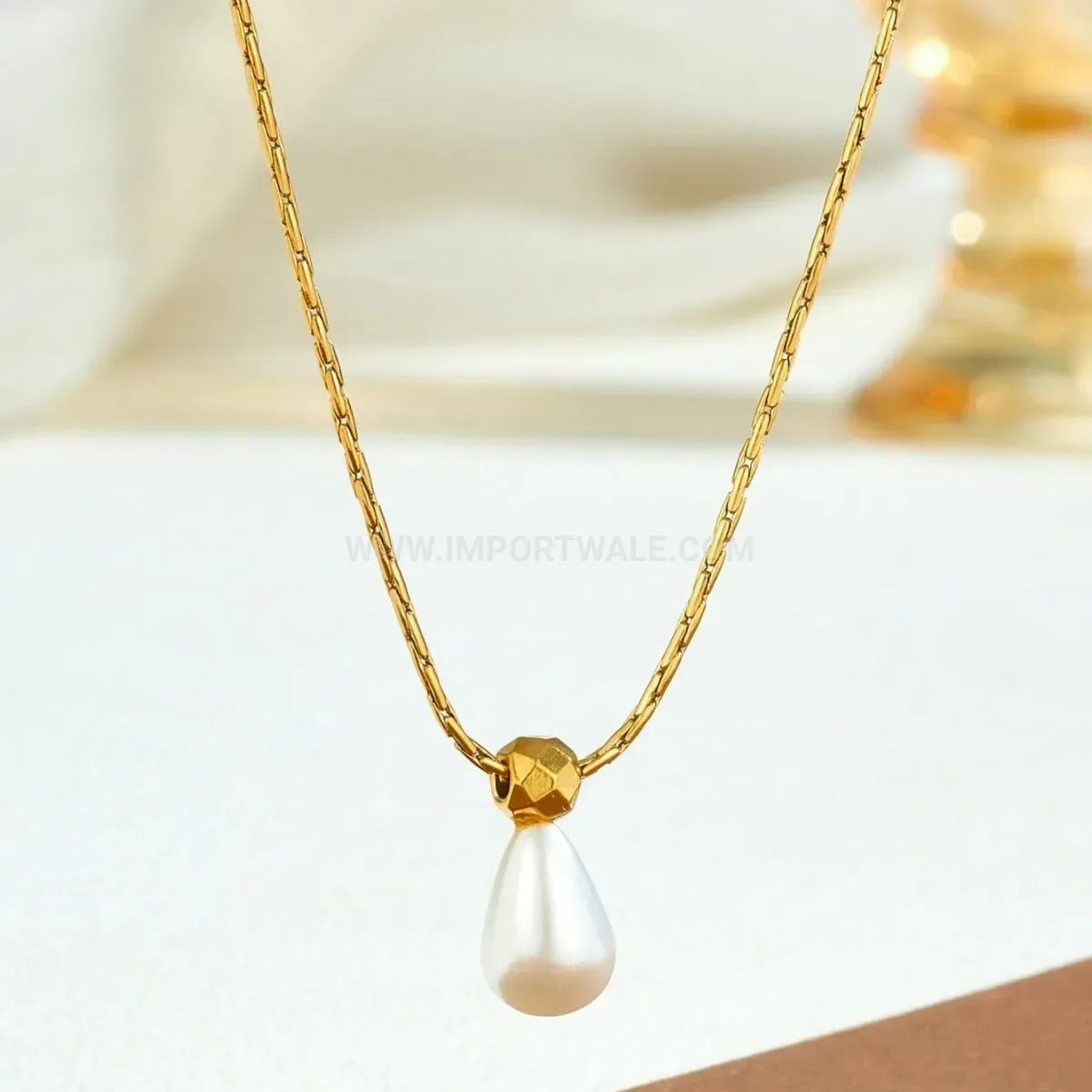 Chic Gold Plated Stainless Steel Teardrop Imitation Pearl Layered Necklace