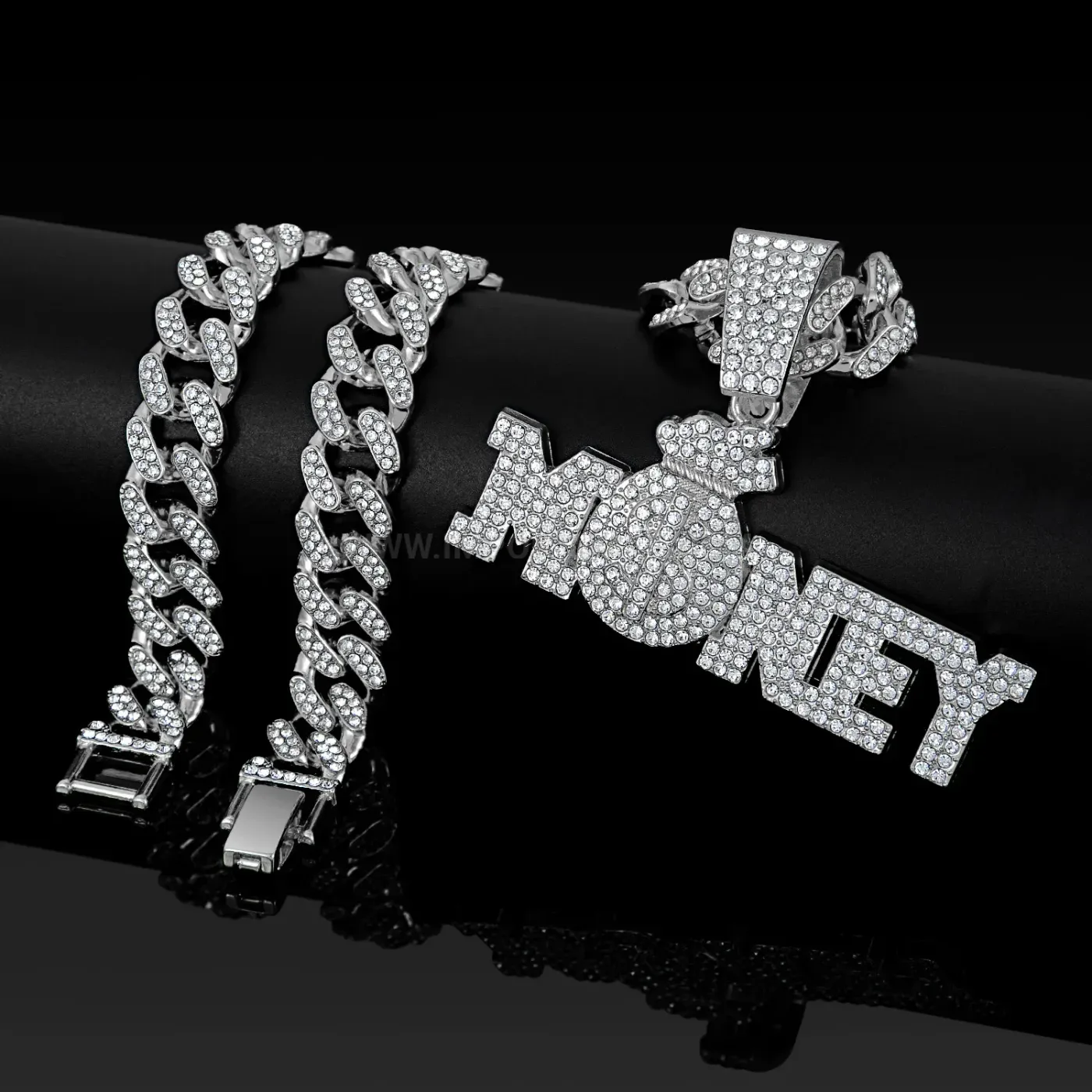 Modern Iced Out Money Bag Pendant Zinc Alloy Cuban Necklace