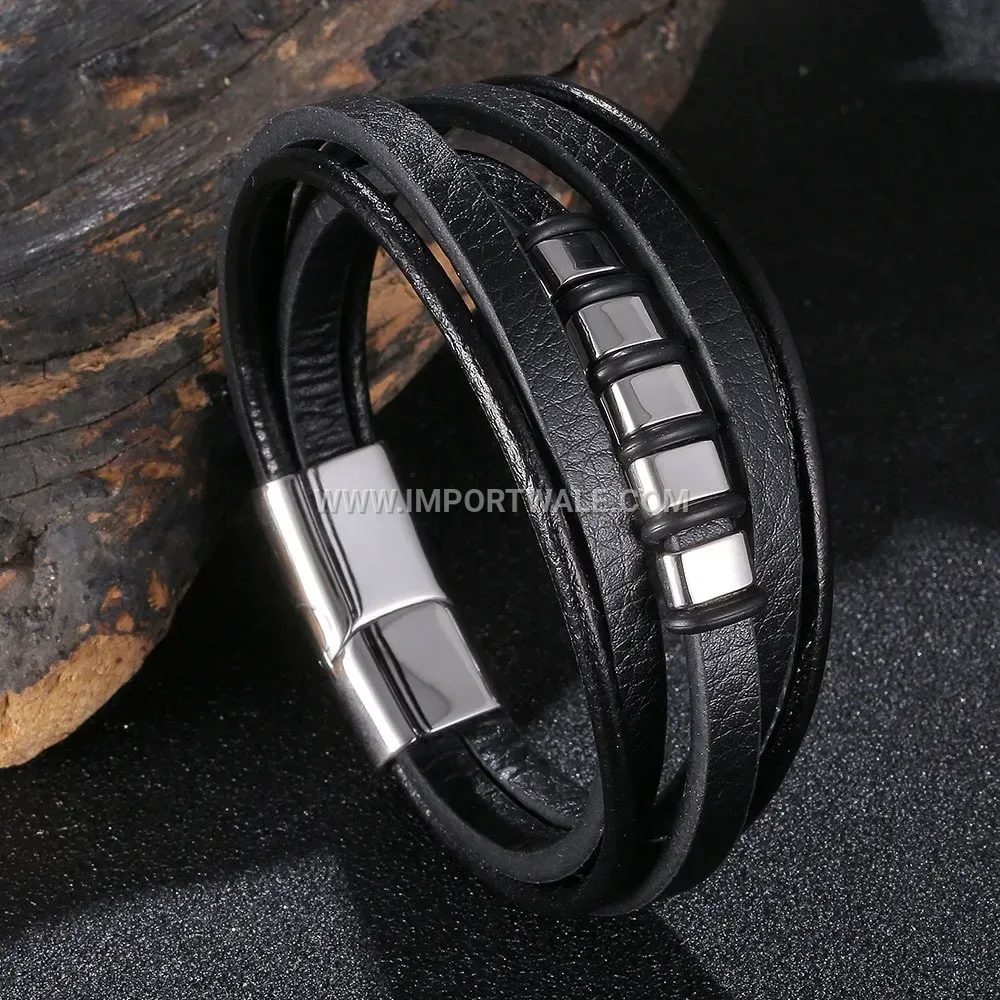 Multi Strand Braided Leather Stainless Steel Men Wristband