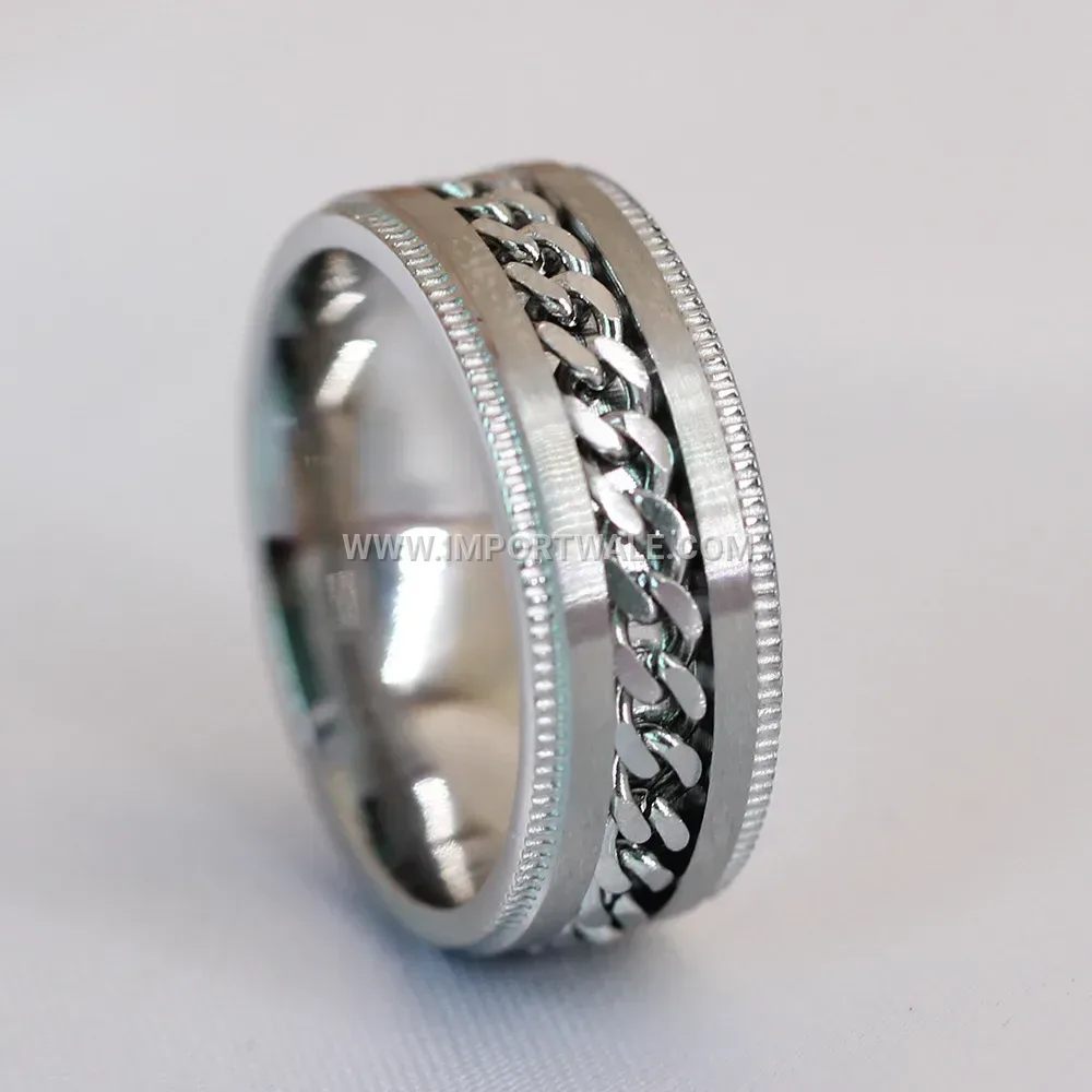 Vintage Style Stainless Steel Chain Inset Band Ring