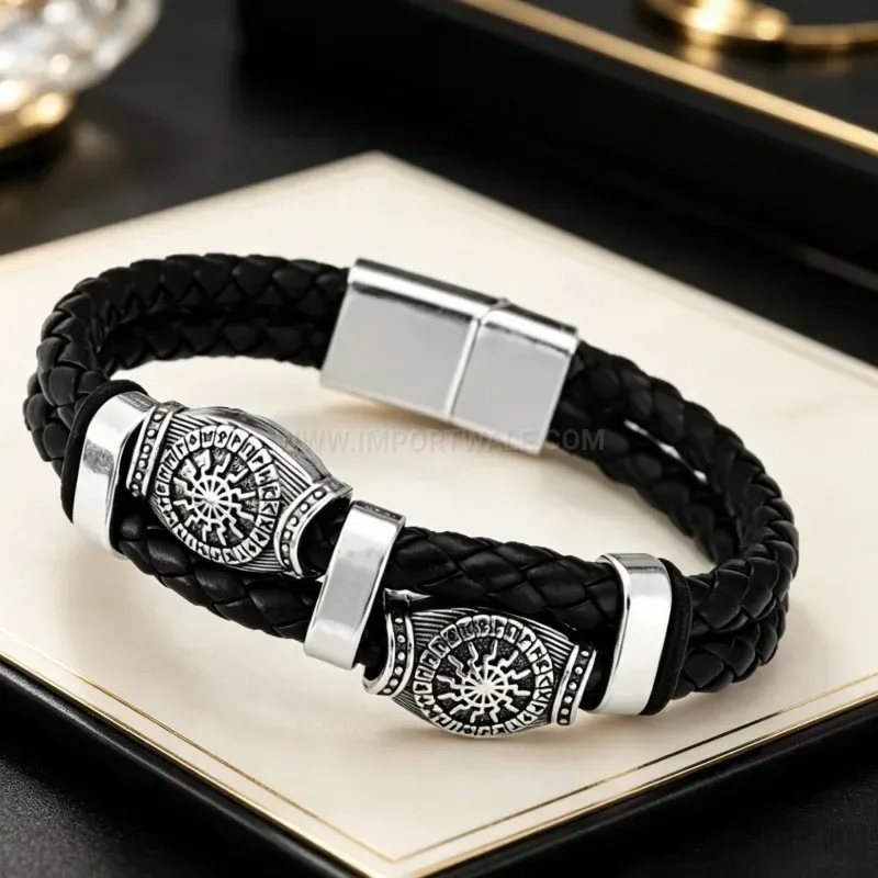 Designer Viking Sun Wheel Leather Bracelet with Magnetic Clasp