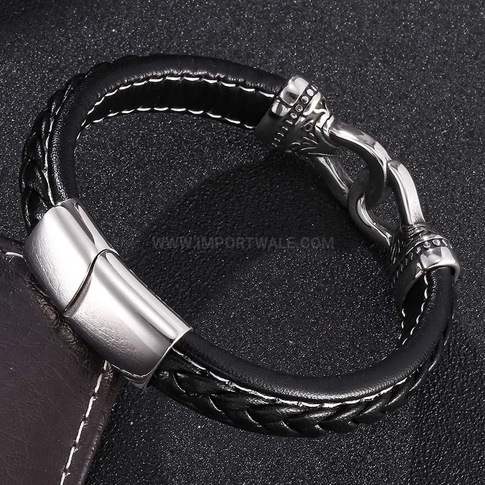Elegant Vintage Totem Stitched Leather Stainless Steel Bracelet