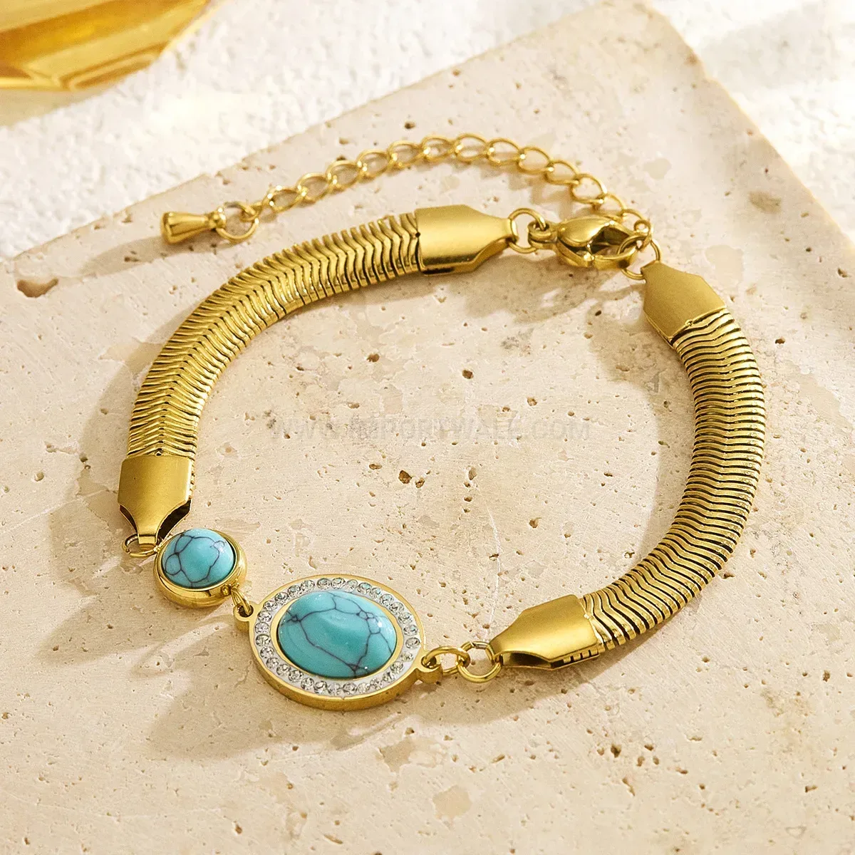 Gold Plated Stainless Steel Oval Turquoise Heart Charm Bracelet