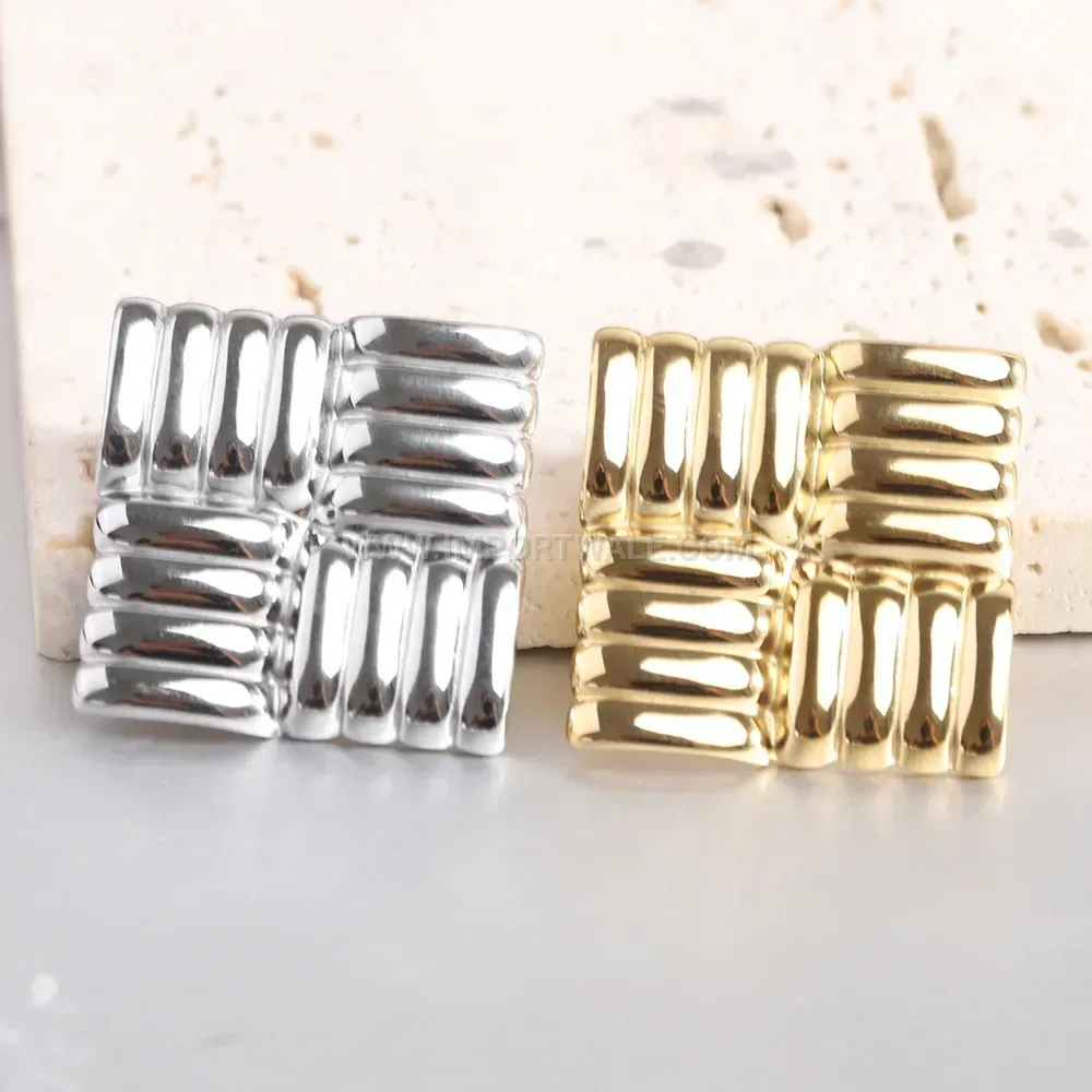 Textured Geometric Grid Stainless Steel Stud Earrings