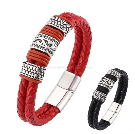 Modern Braided Leather Bracelet with Electroplated Stainless Steel Accent