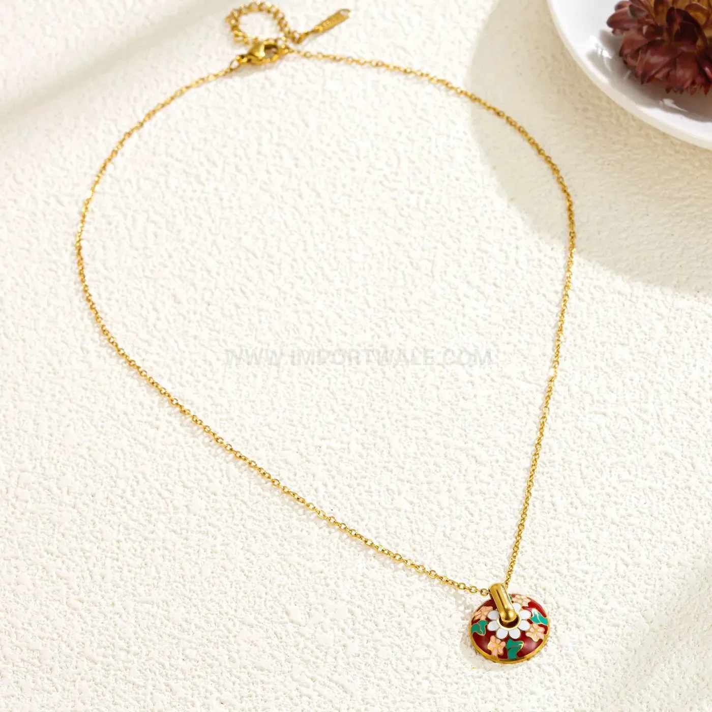 Elegant Vintage Red Flower Green Leaf Enamel Titanium Steel Necklace Set