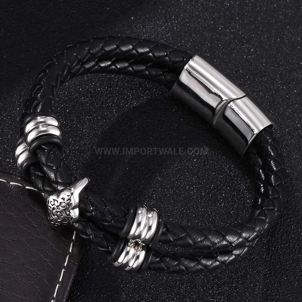 Floral Motif Electroplated Stainless Steel Braided Leather Bangle Bracelet