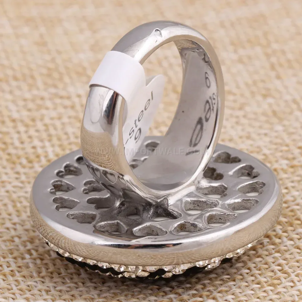 Black Striped Rhinestone Stainless Steel Statement Ring