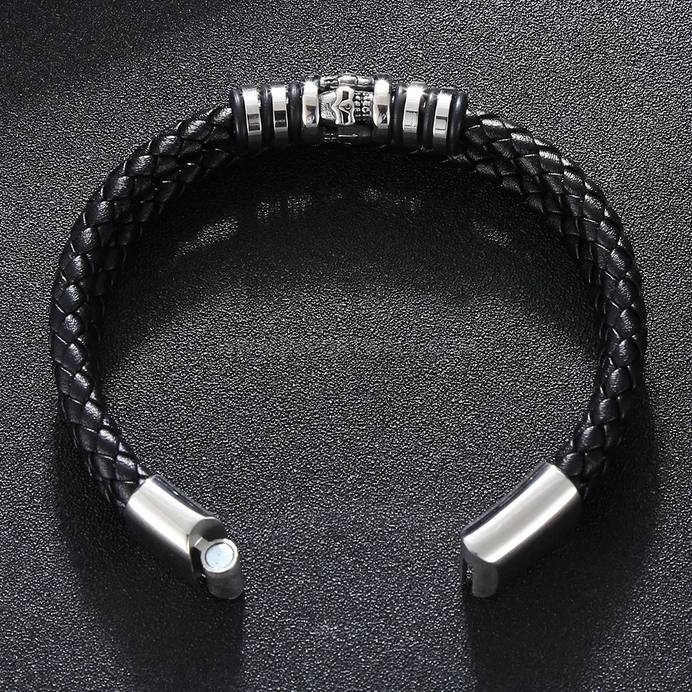 Multi-Strand Braided Leather Magnetic Steel Skull Bracelet