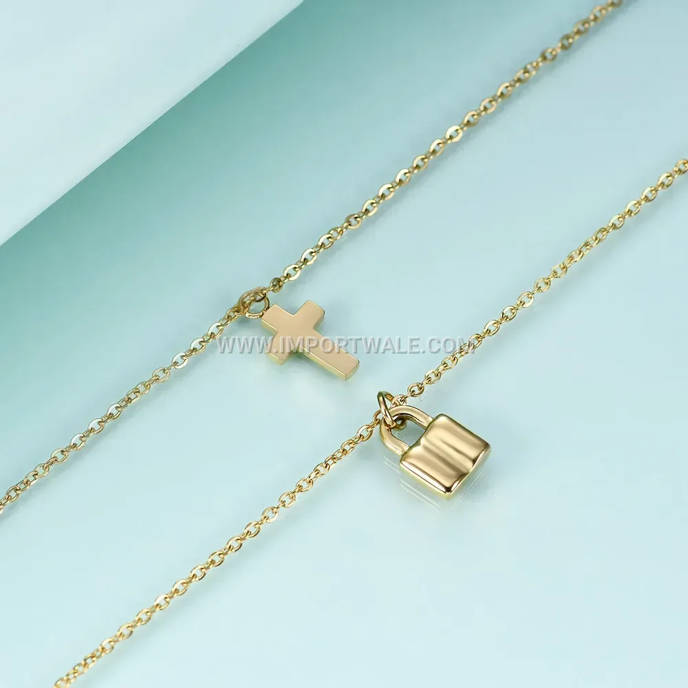 Retro Stainless Steel Padlock and Cross Pendant Necklace