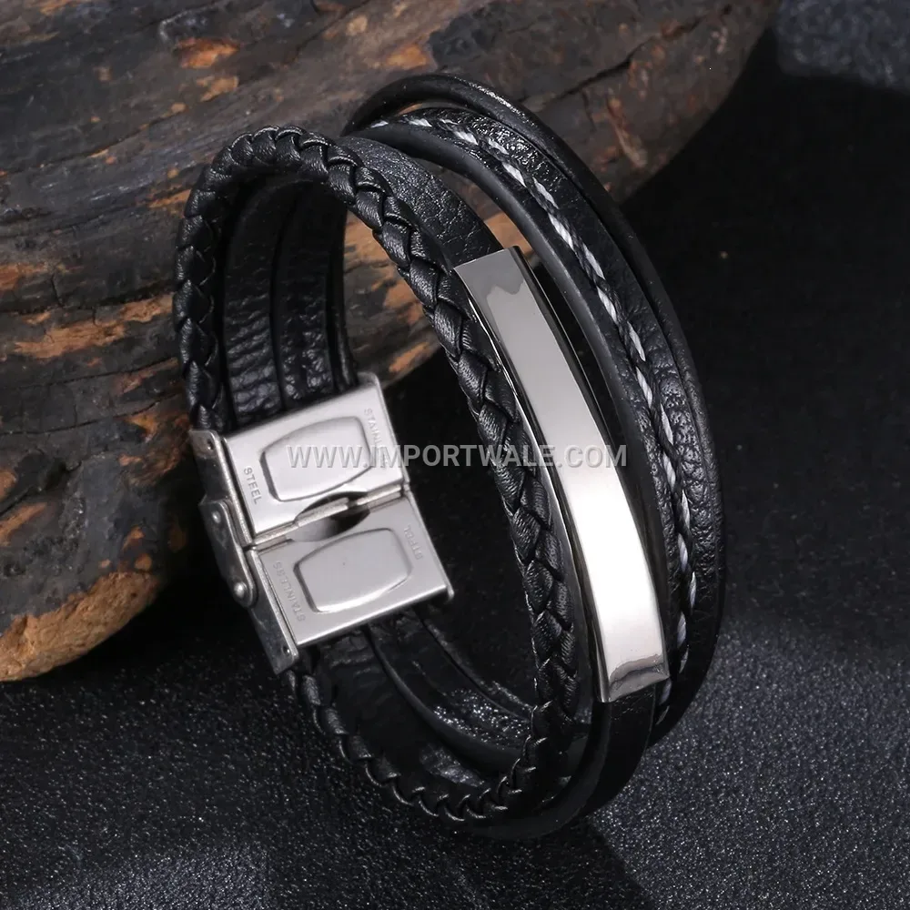 Braided Leather Wristband Bracelet with Stainless Steel Clasp