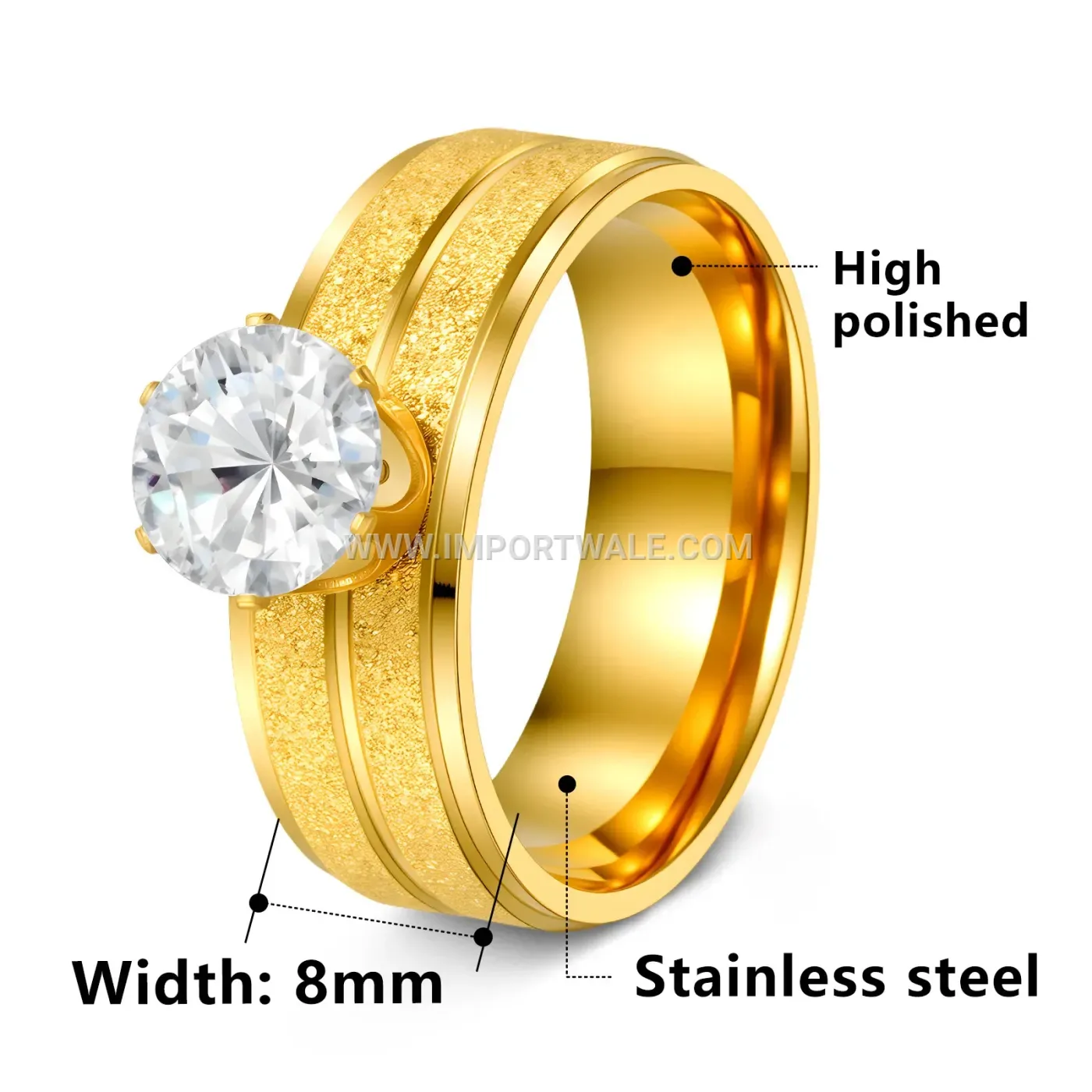 Six Prong Zircon Gold Plated Stainless Steel Band Ring