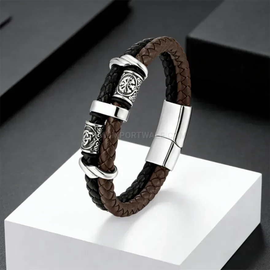 Modern Viking Totem Woven Leather Magnetic Wristband Bracelet