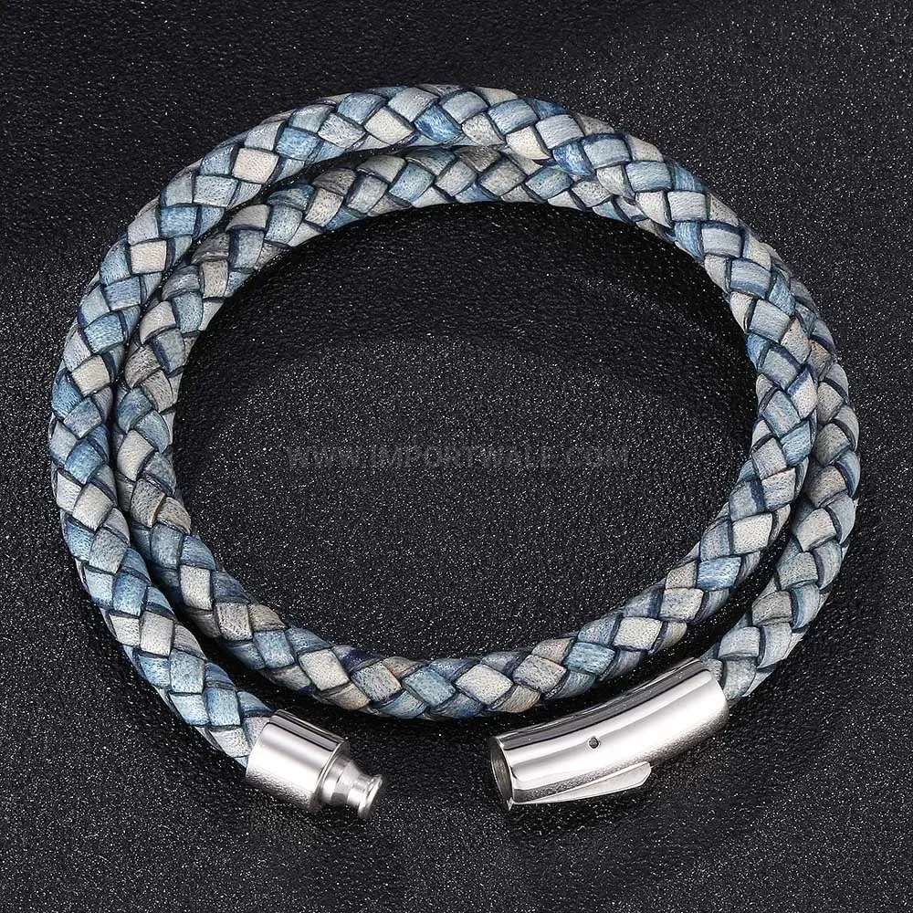 Double Wrap Braided Leather Bracelet with Stainless Steel Clasp