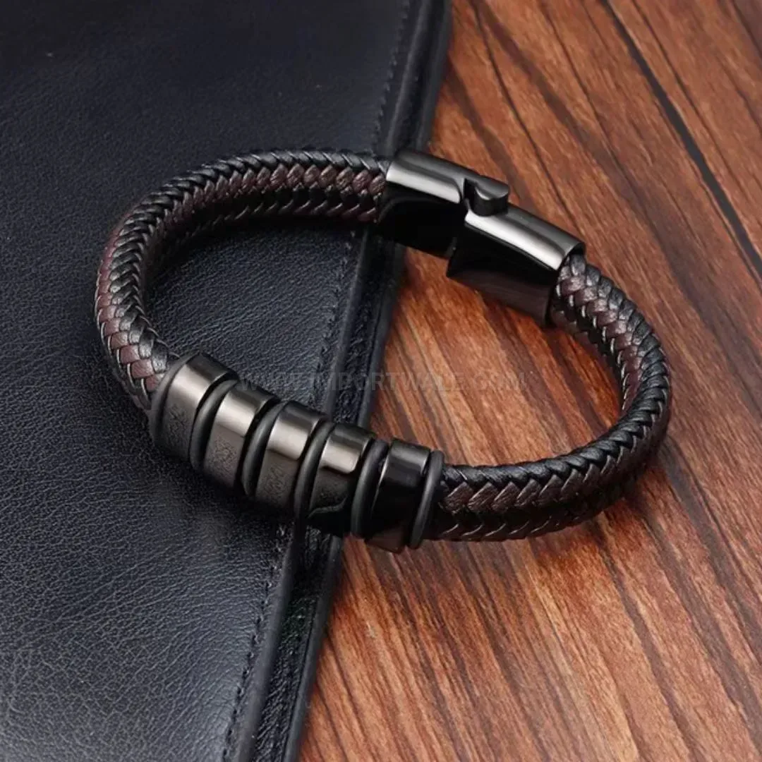 Classic Woven Leather Wristband Bracelet With Metal Accent