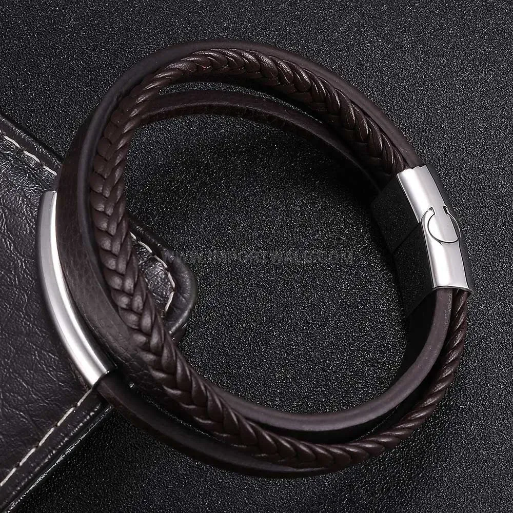 Multi-Strand Braided Leather Bracelet with Stainless Steel Magnetic Clasp