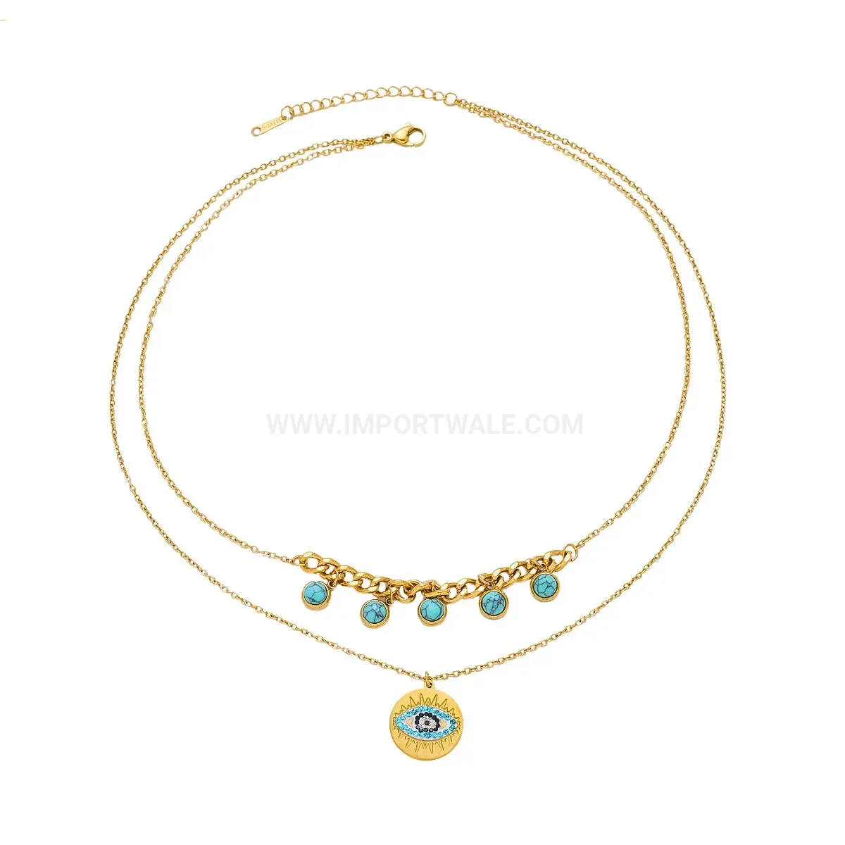 Layered Turquoise Evil Eye Pendant Stainless Steel Necklace