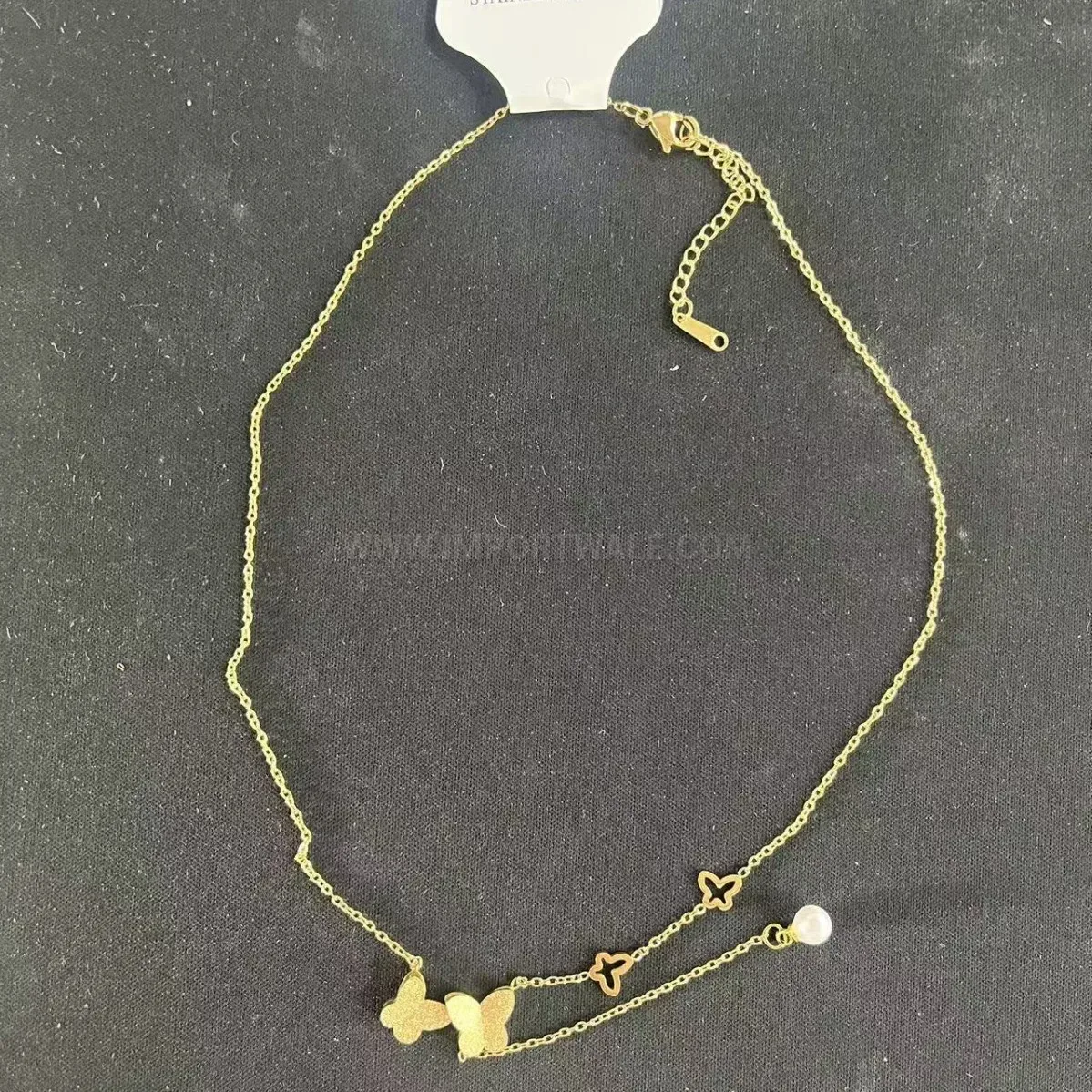 Bold Gold Stainless Steel Butterfly Shell Pearl Tassel Pendant Necklace