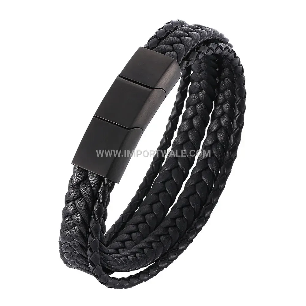 Handmade Woven Leather Bracelet with Stainless Steel Magnetic Clasp