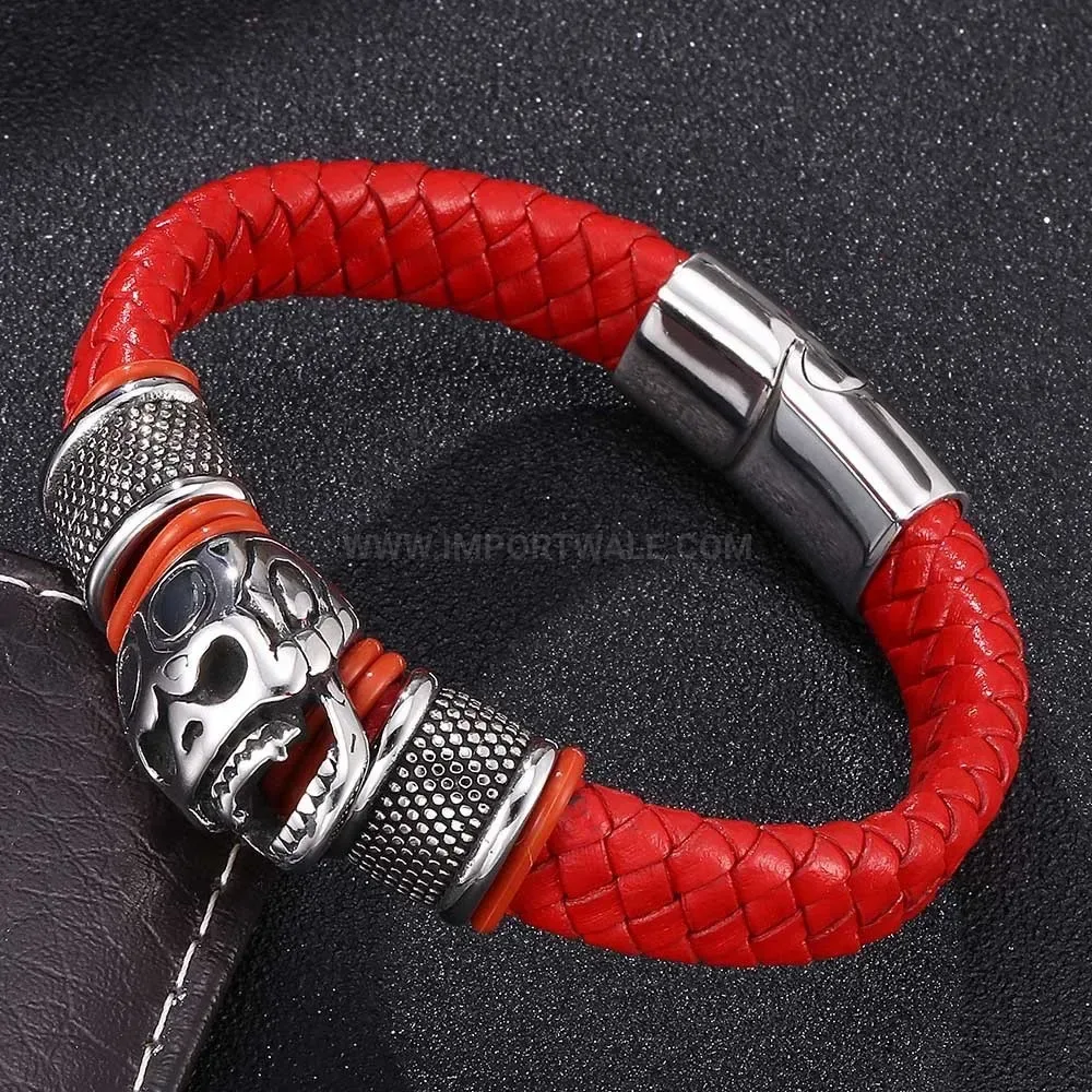 Stylish Braided Cowhide Leather Skull Stainless Steel Bangle Bracelet