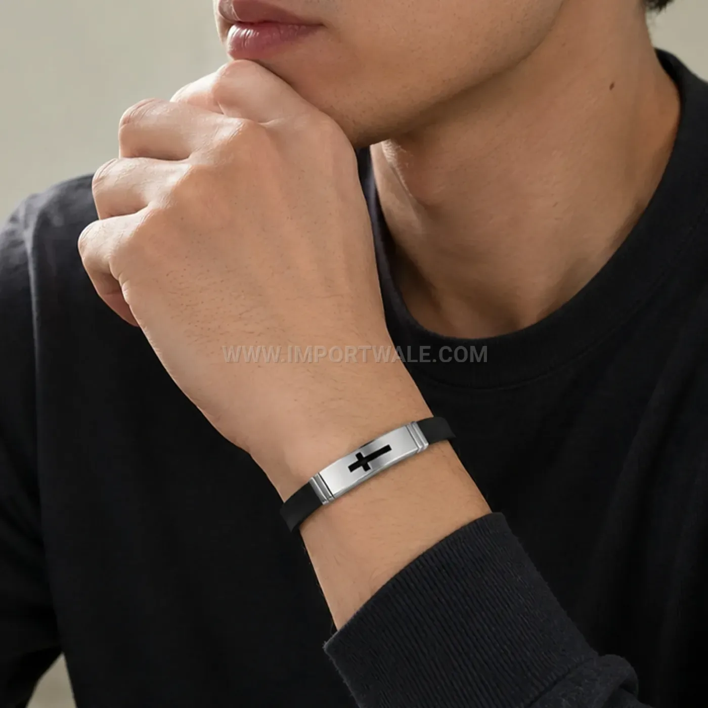 Adjustable Polished Stainless Steel Cross Motif Cuff Bracelet