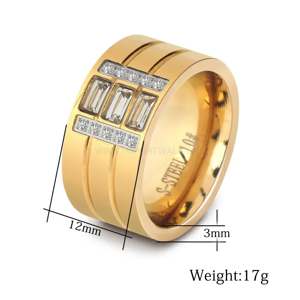 Wide Triple Row Zirconia Splice Stainless Steel Ring
