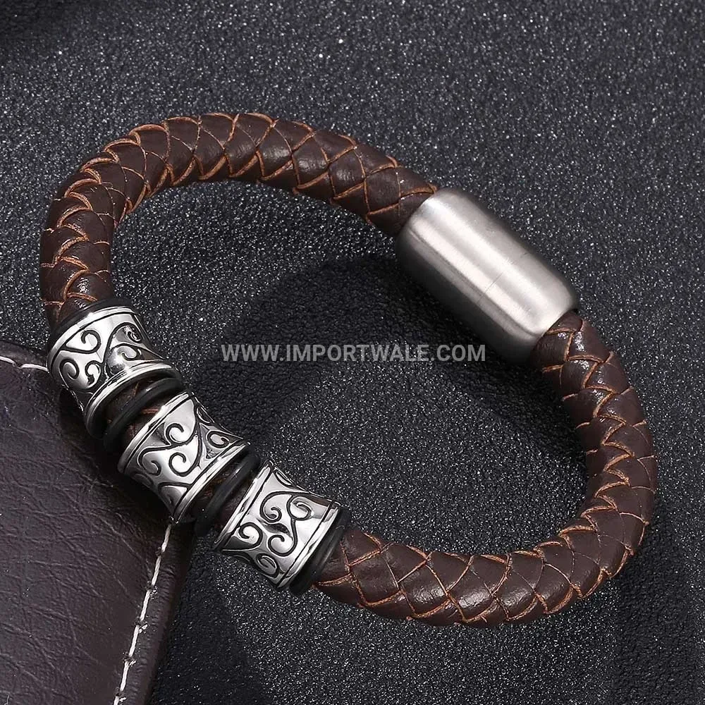 Minimalist Brown Leather Stainless Steel Magnetic Clasp Men Bracelet