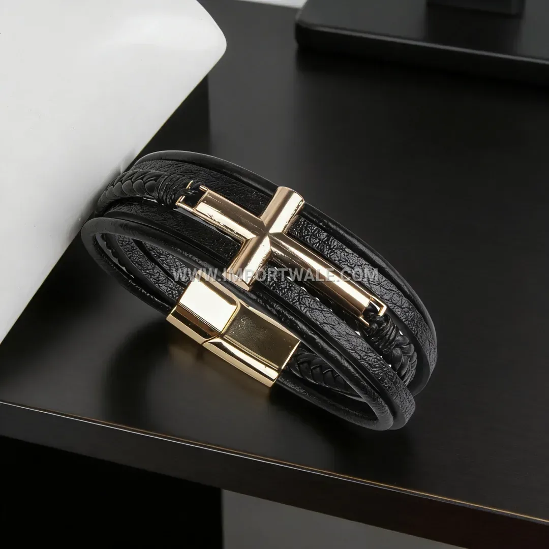 Men Multilayer Braided PU Leather Cross Bracelet Stainless Steel Magnetic Clasp
