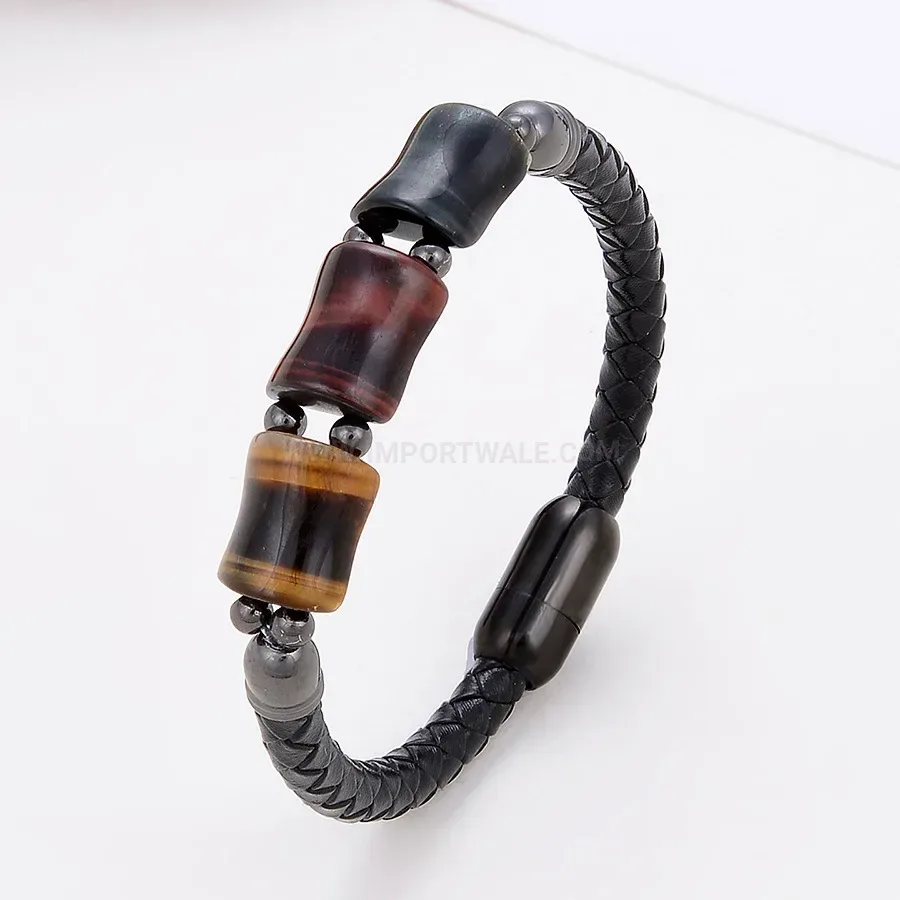 Braided Leather Wristband with Tiger Eye Stone and Stainless Steel Clasp