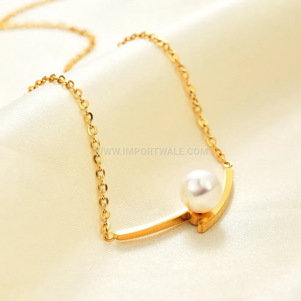 Stainless Steel Pearl Pendant Necklace with Crossover Geometric Charm