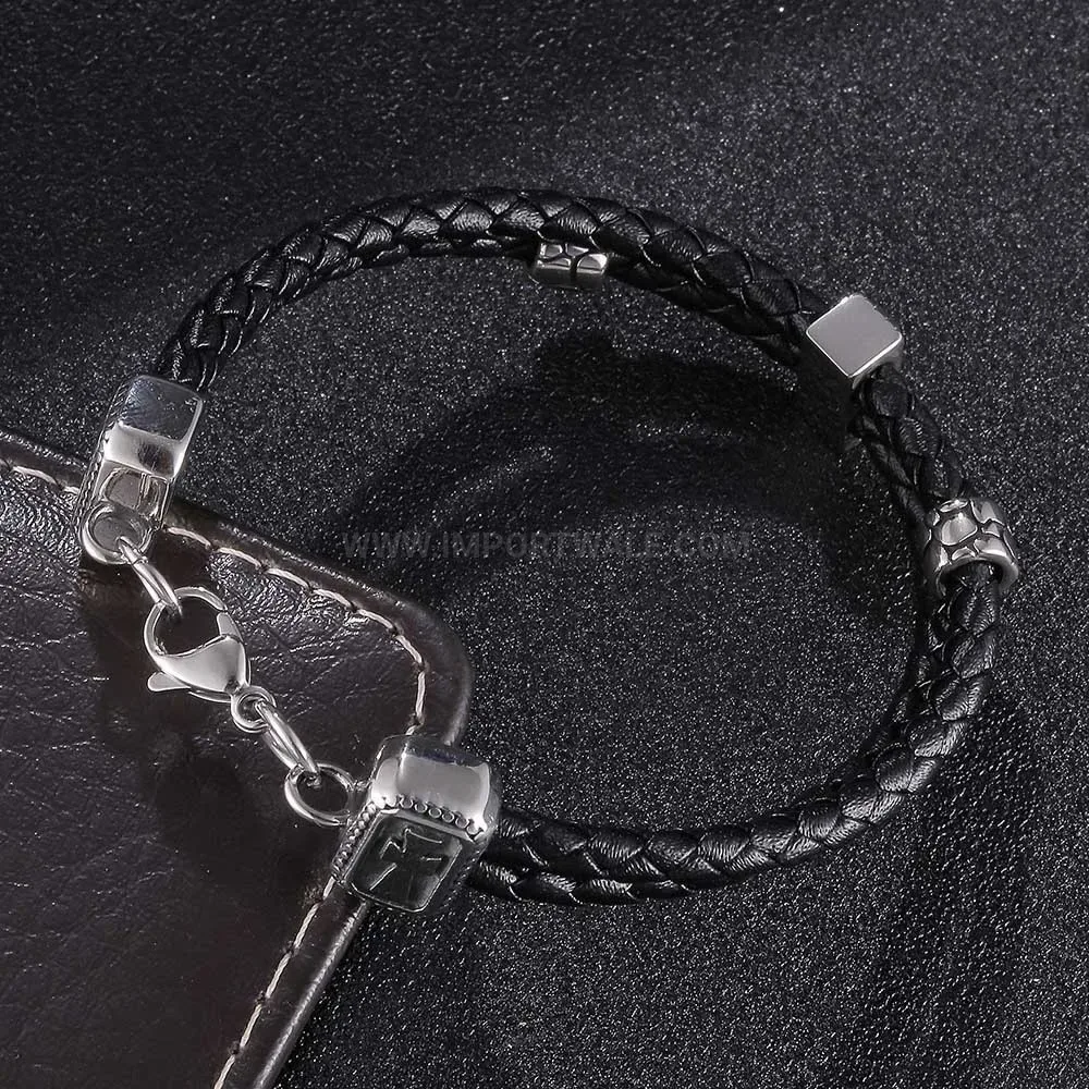Double Layer Braided Black Leather Steel Accent Mens Bracelet