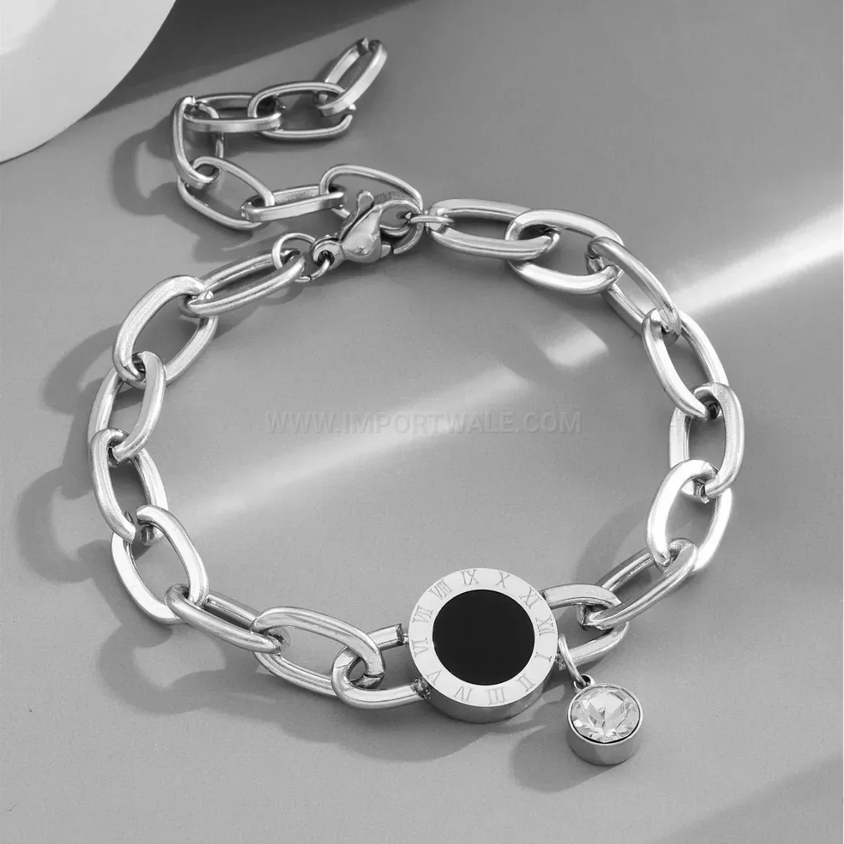 Designer Titanium Steel Four Leaf Clover Roman Numeral Charm Bracelet